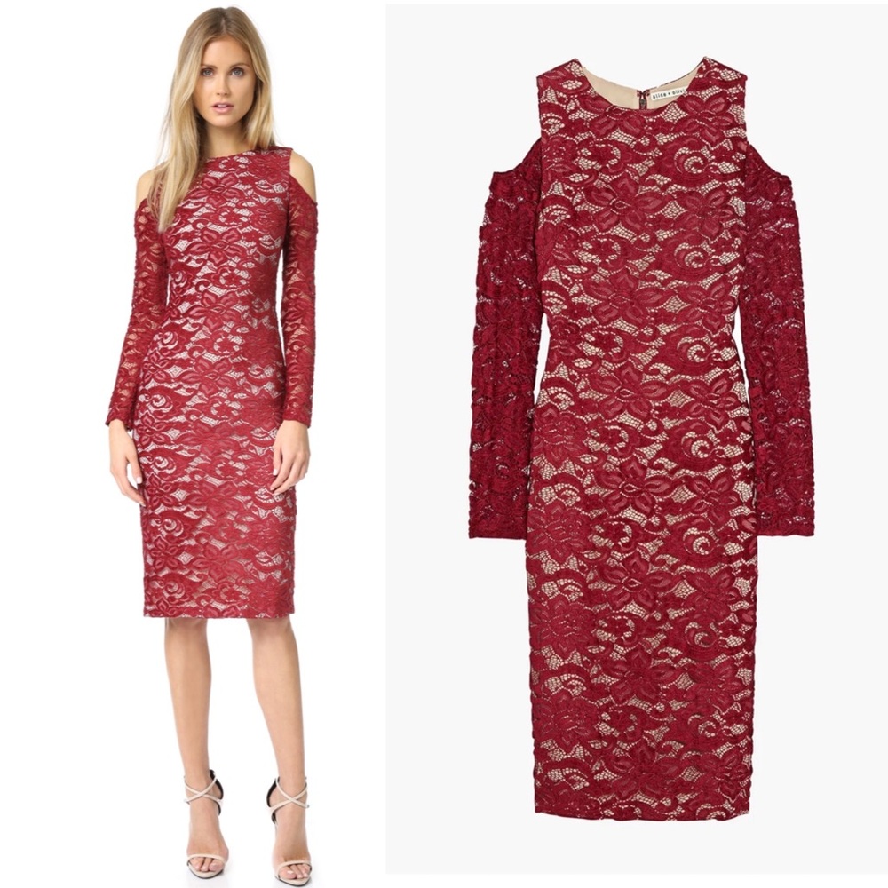 NWT ALICE OLIVIA Laila Midi Dress sz 2 Cold Shoulder Velvet Lace Red Burgundy